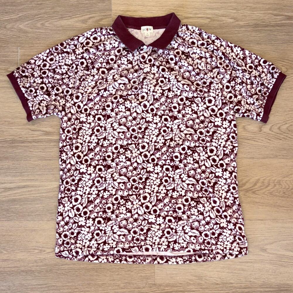 J. Crew burgundy red terry cloth floral short sleeve polo mens size Large
